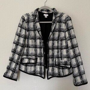 Women's Chico's Size 2 Black White Wool Blend Hook Buttons Blazer Jacke